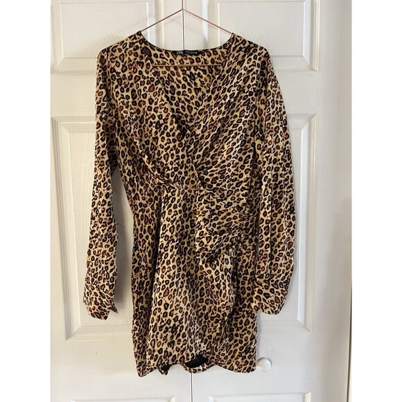 ZARA Leopard Print Satin Long Sleeve Mini Dress Women's Size L - Picture 3 of 7